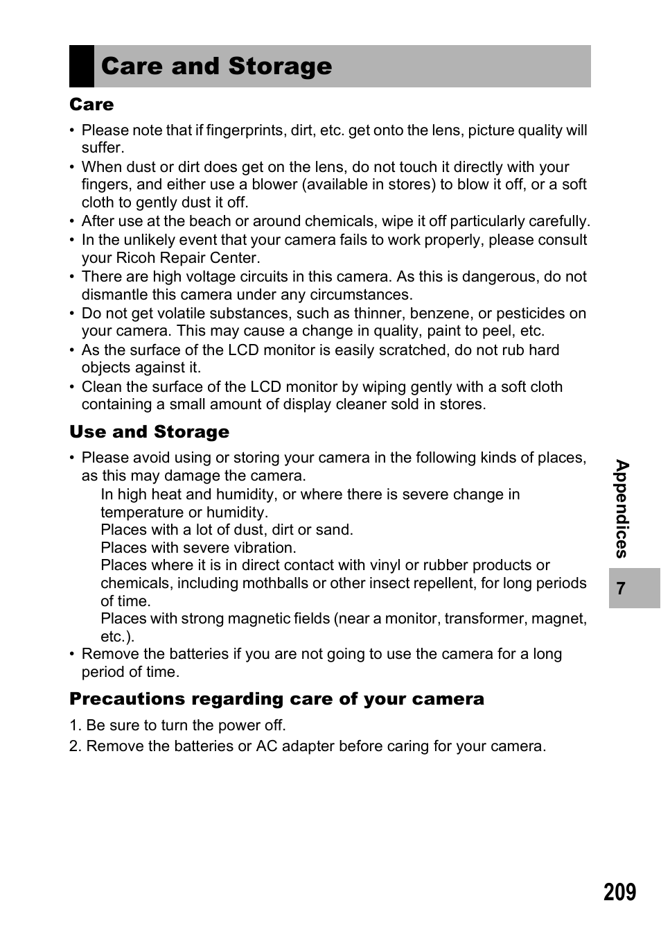 Care and storage | Ricoh GX100VF User Manual | Page 211 / 218