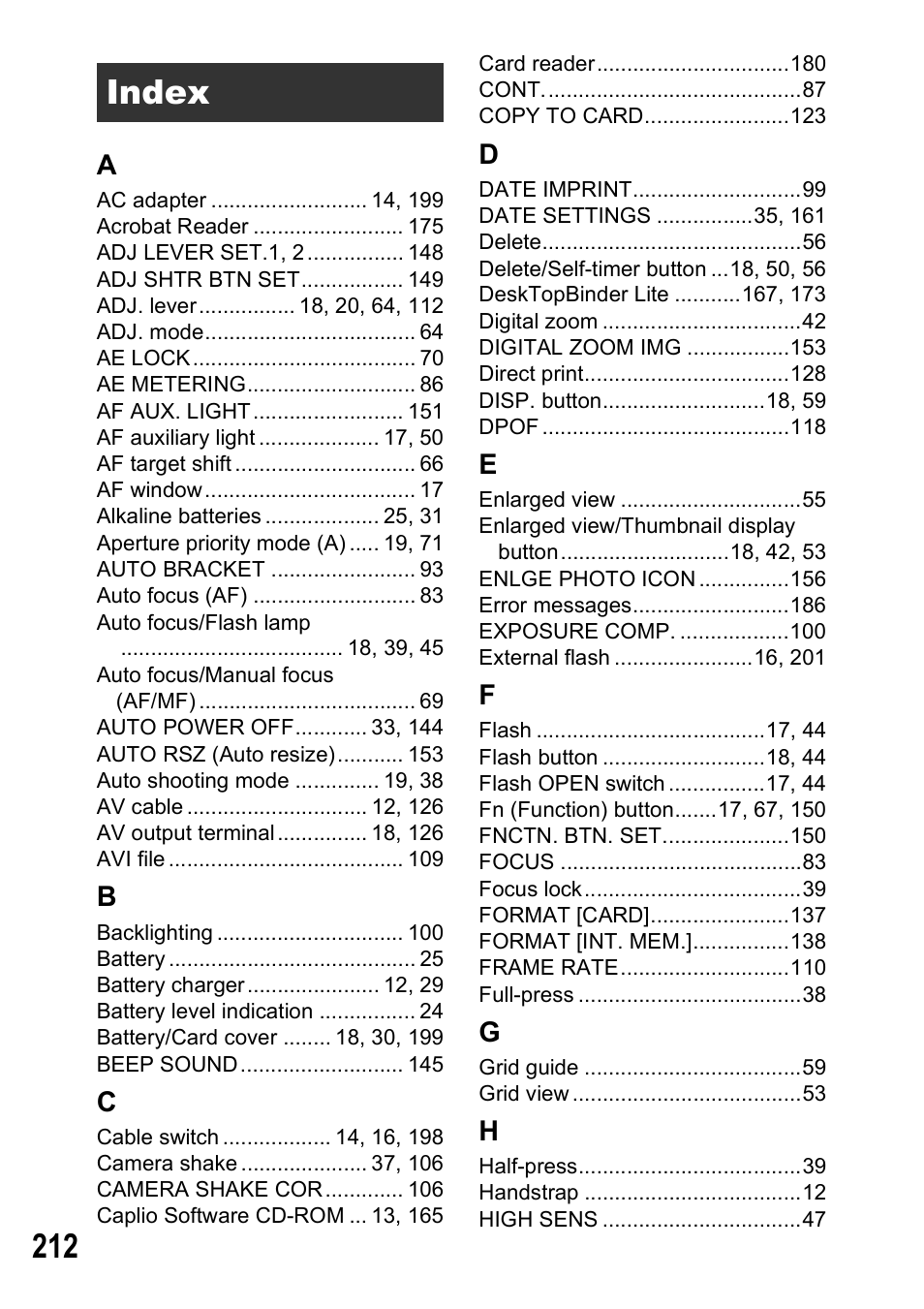 Index | Ricoh GX100VF User Manual | Page 214 / 218