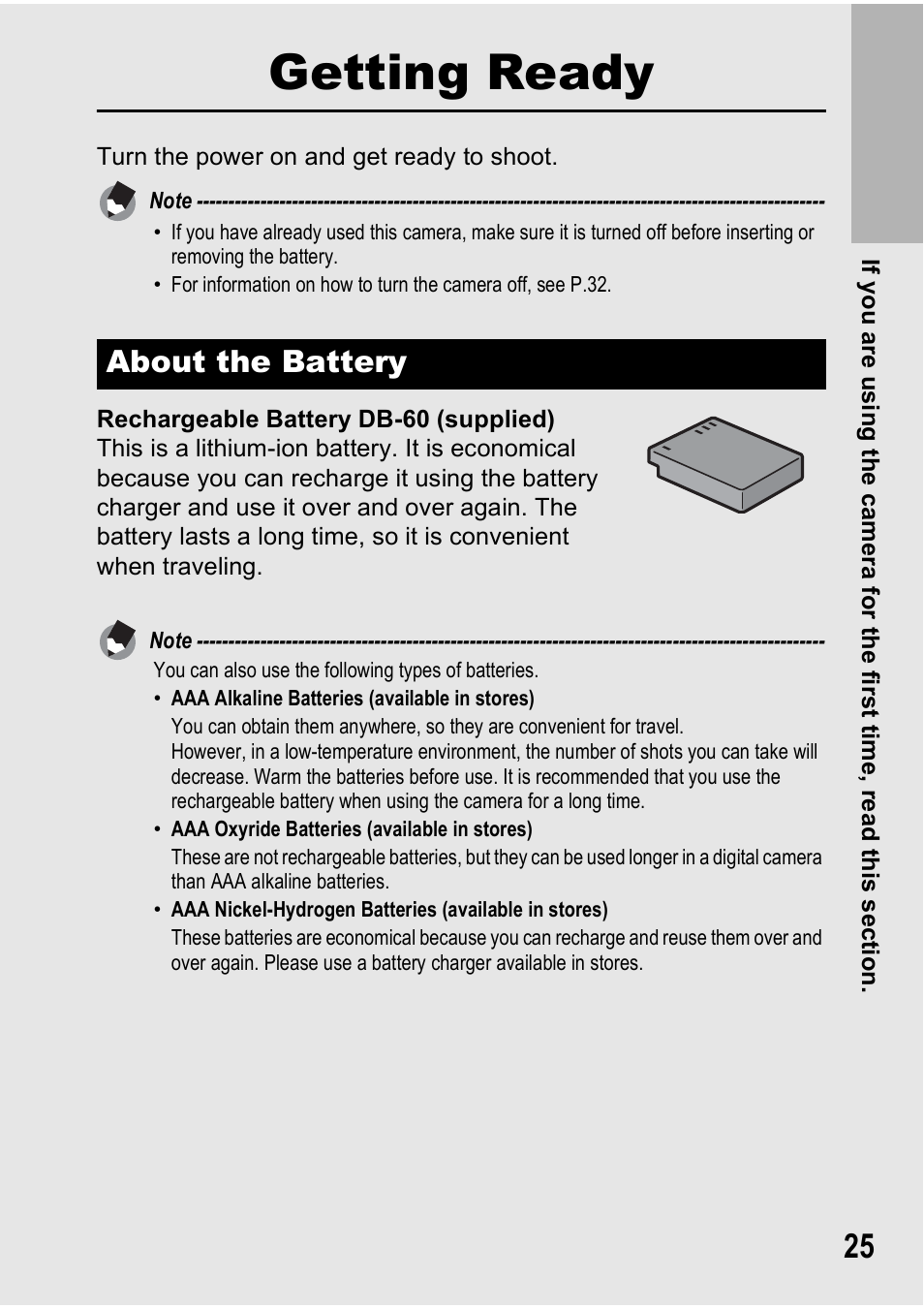 Getting ready, About the battery | Ricoh GX100VF User Manual | Page 27 / 218