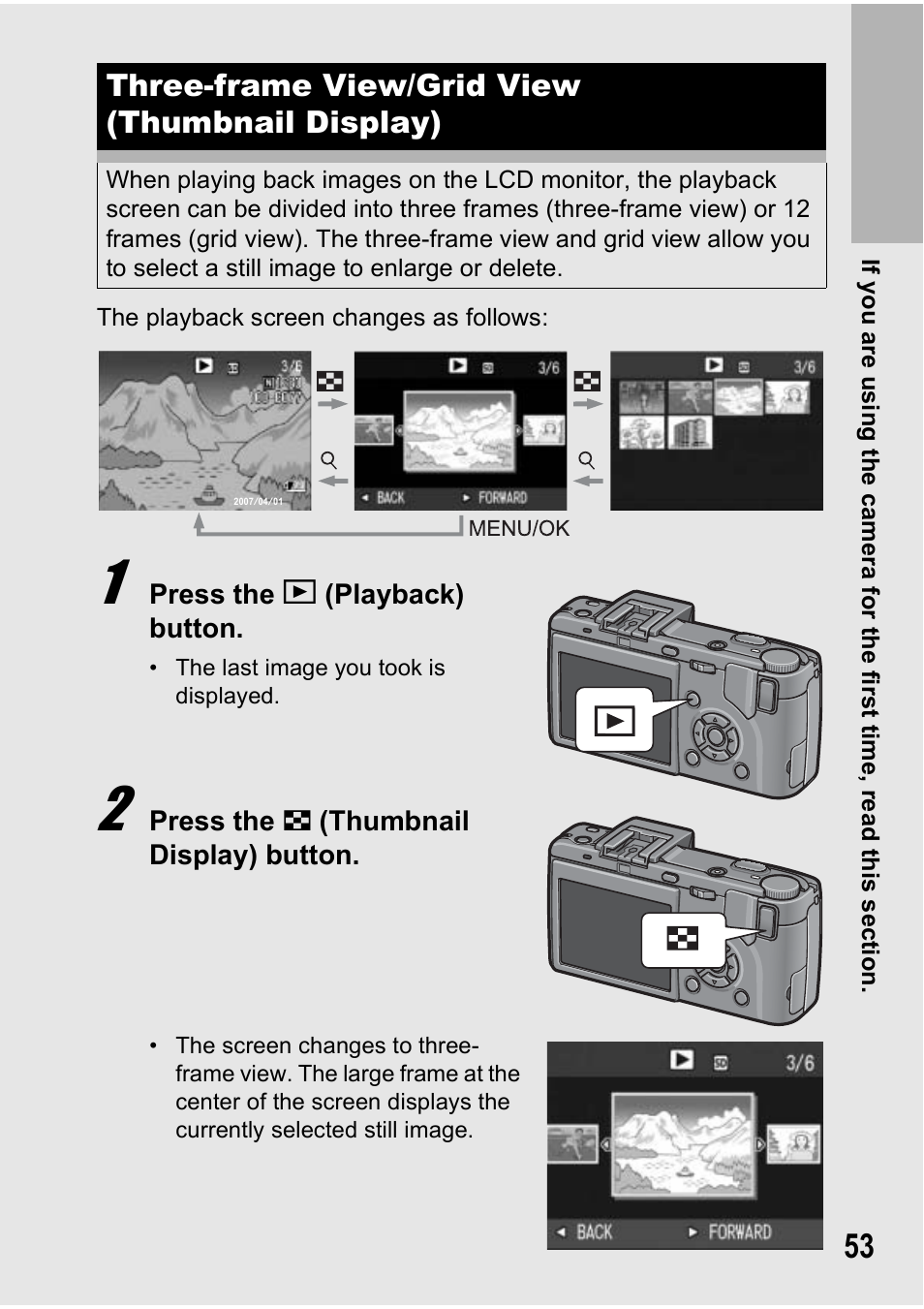 Three-frame view/grid view (thumbnail display) | Ricoh GX100VF User Manual | Page 55 / 218