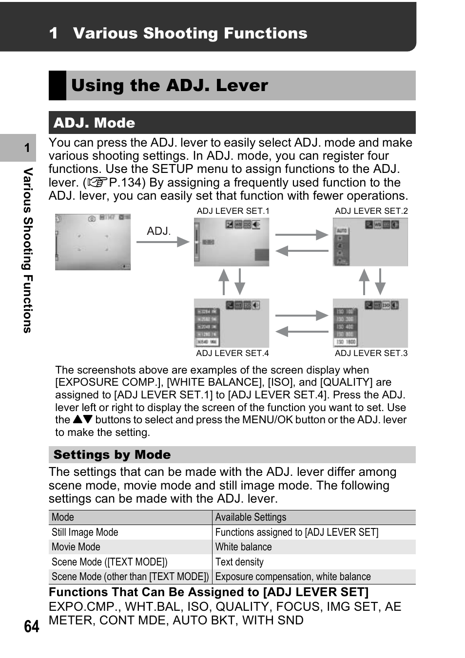 Using the adj. lever, 1 various shooting functions, Adj. mode | Ricoh GX100VF User Manual | Page 66 / 218