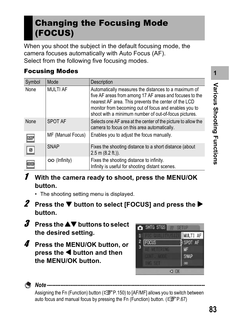 Changing the focusing mode (focus) | Ricoh GX100VF User Manual | Page 85 / 218