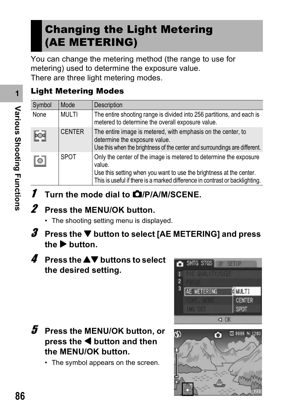 Changing the light metering (ae metering) | Ricoh GX100VF User Manual | Page 88 / 218