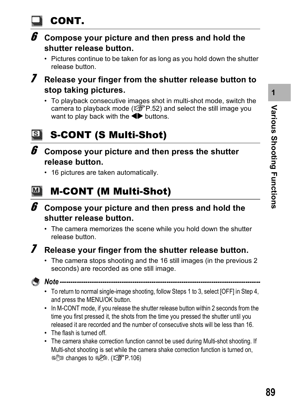 Cont, S-cont (s multi-shot), M-cont (m multi-shot) | Ricoh GX100VF User Manual | Page 91 / 218