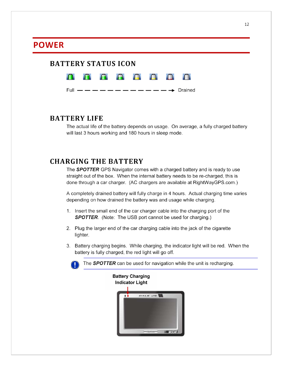 Power, Battery status icon, Charging the battery | RightWay SPOTTER RW-500 User Manual | Page 12 / 63