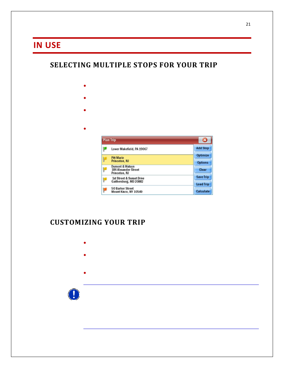 In use, Selecting multiple stops for your trip, Customizing your trip | RightWay SPOTTER RW-500 User Manual | Page 21 / 63