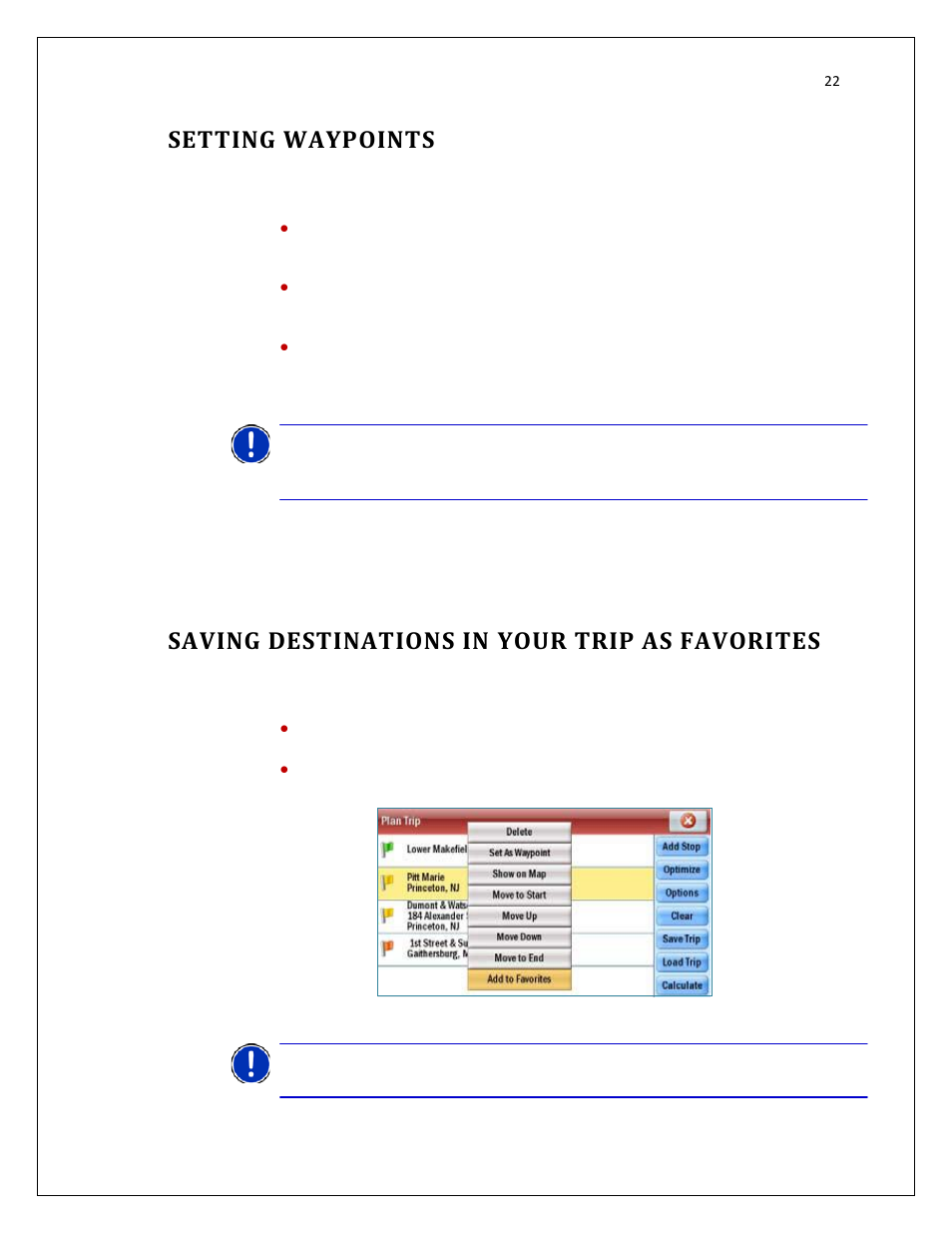 Setting waypoints, Saving destinations in your trip as favorites | RightWay SPOTTER RW-500 User Manual | Page 22 / 63