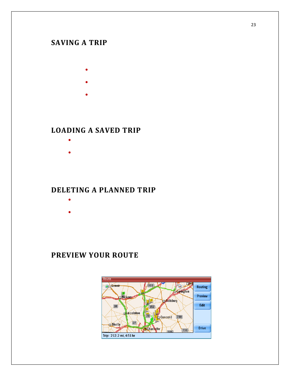 Saving a trip, Loading a saved trip, Deleting a planned trip | Preview your route | RightWay SPOTTER RW-500 User Manual | Page 23 / 63