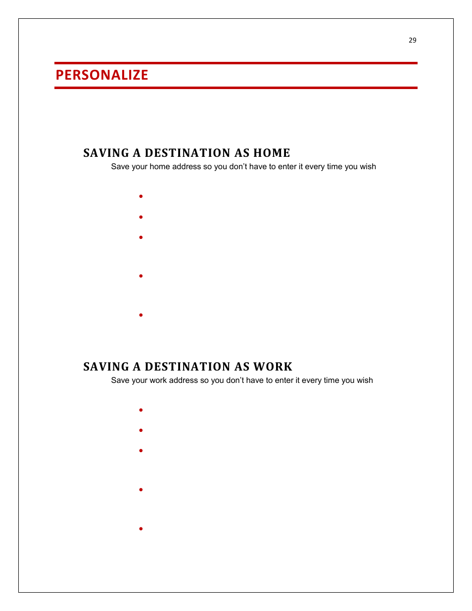 Personalize, Saving a destination as home, Saving a destination as work | RightWay SPOTTER RW-500 User Manual | Page 29 / 63