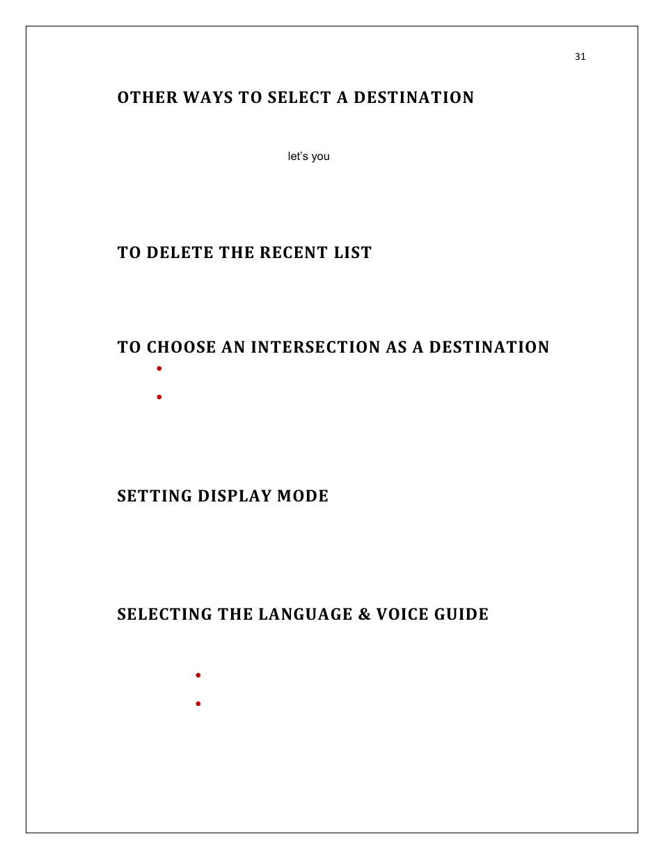 Other ways to select a destination, To delete the recent list, To choose an intersection as a destination | Setting display mode, Selecting the language & voice guide | RightWay SPOTTER RW-500 User Manual | Page 31 / 63
