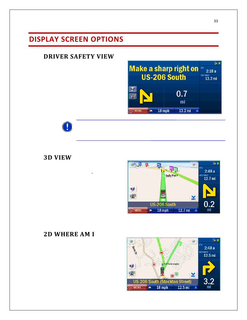 Display screen options, Driver safety view, 3d view | 2d where am i | RightWay SPOTTER RW-500 User Manual | Page 33 / 63