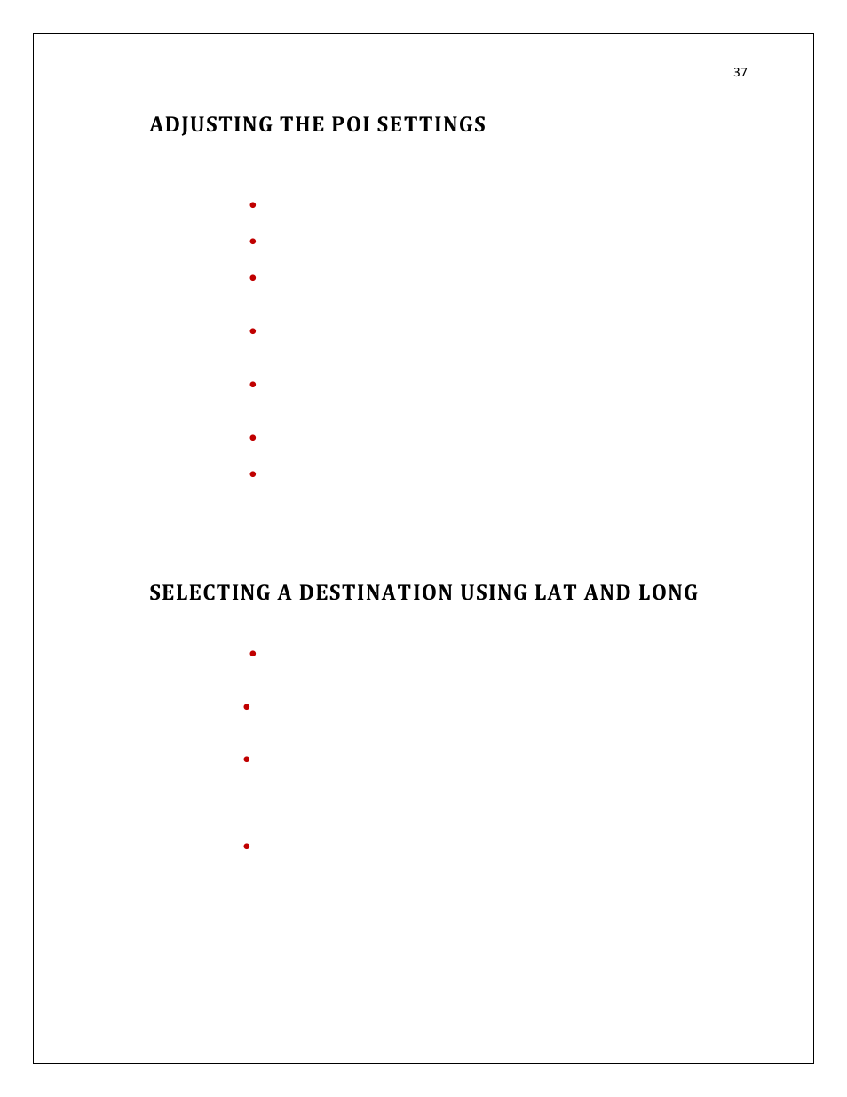 Adjusting the poi settings, Selecting a destination using lat and long | RightWay SPOTTER RW-500 User Manual | Page 37 / 63