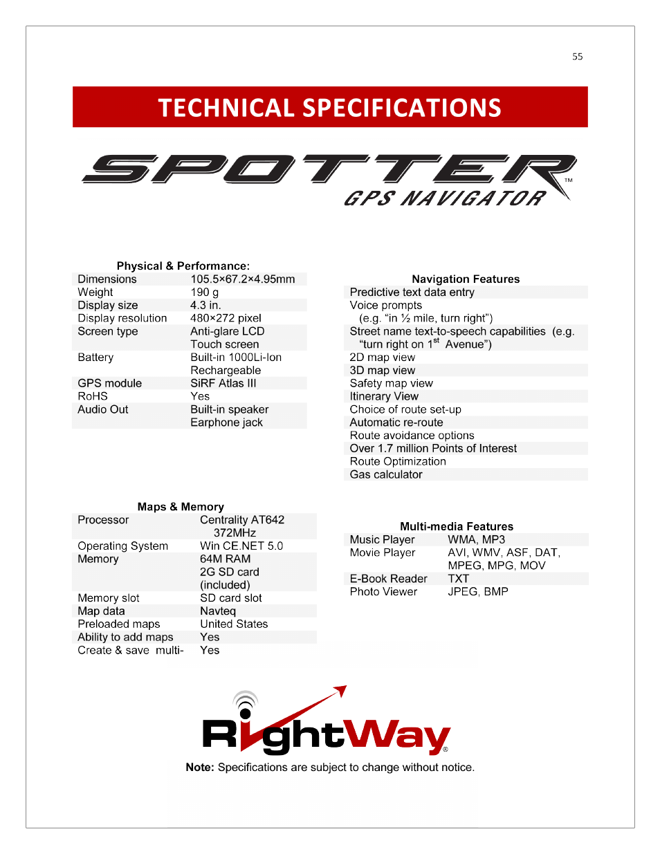 Technical specifications | RightWay SPOTTER RW-500 User Manual | Page 55 / 63