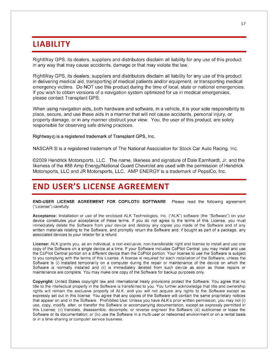 Liability, End user’s license agreement | RightWay SPOTTER RW-500 User Manual | Page 57 / 63