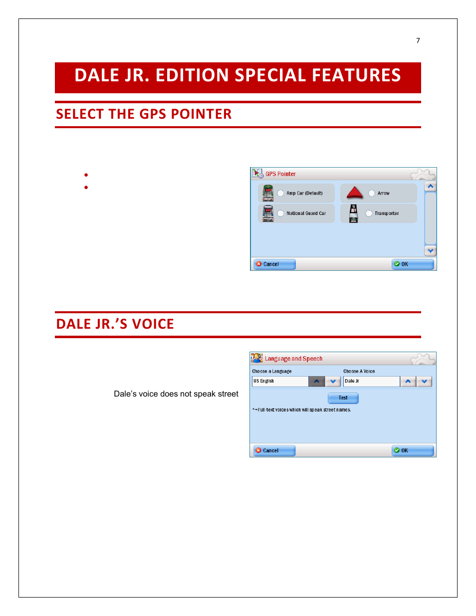 Dale jr. edition special features, Select the gps pointer, Dale j | R.’s voice, Dale jr.’s voice | RightWay SPOTTER RW-500 User Manual | Page 7 / 63