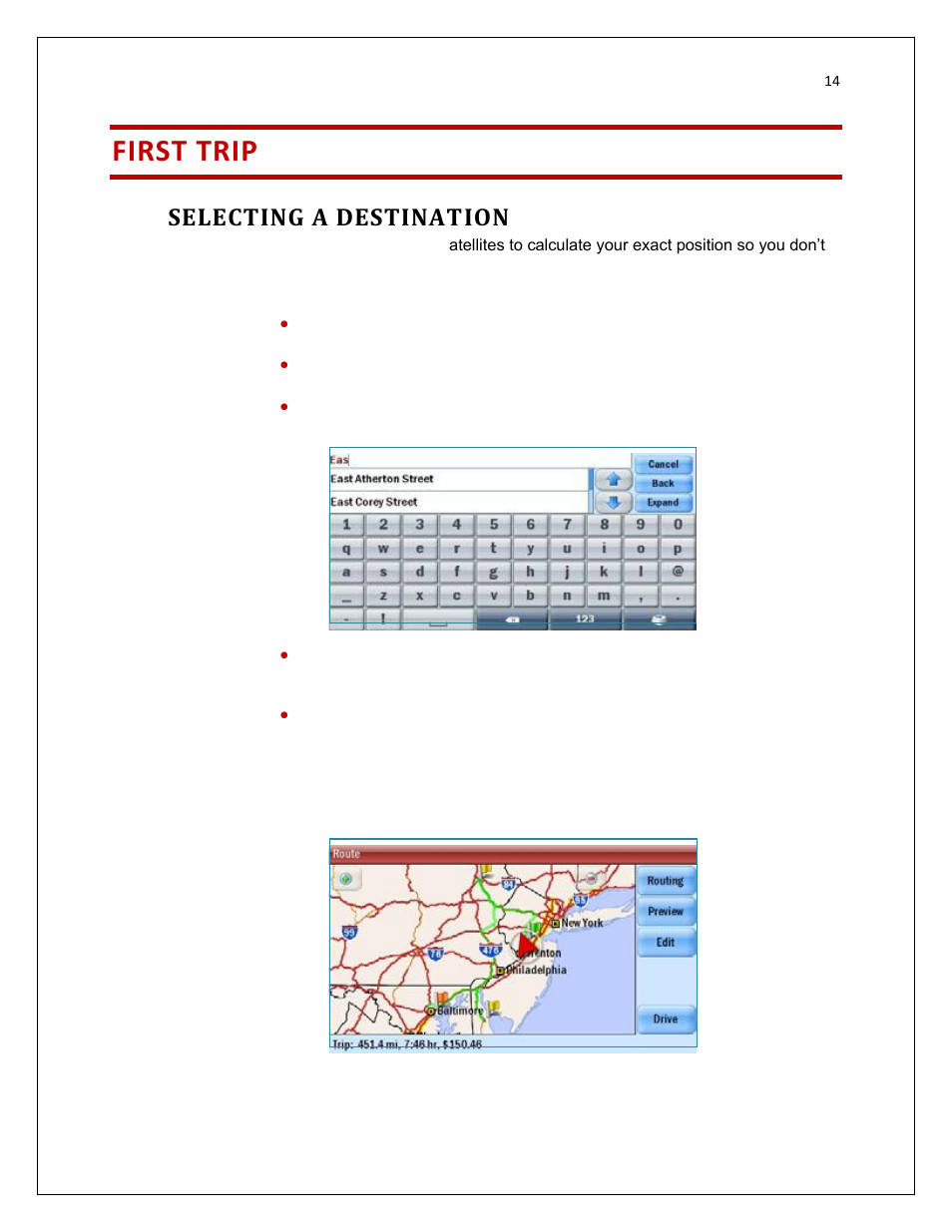 First trip, Selecting a destination | RightWay GPS Navigator RW 200 User Manual | Page 14 / 73