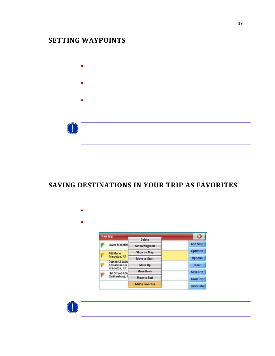 Setting waypoints, Saving destinations in your trip as favorites | RightWay GPS Navigator RW 200 User Manual | Page 19 / 73