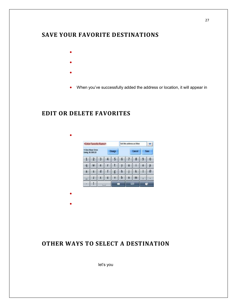 Save your favorite destinations, Edit or delete favorites, Other ways to select a destination | RightWay GPS Navigator RW 200 User Manual | Page 27 / 73