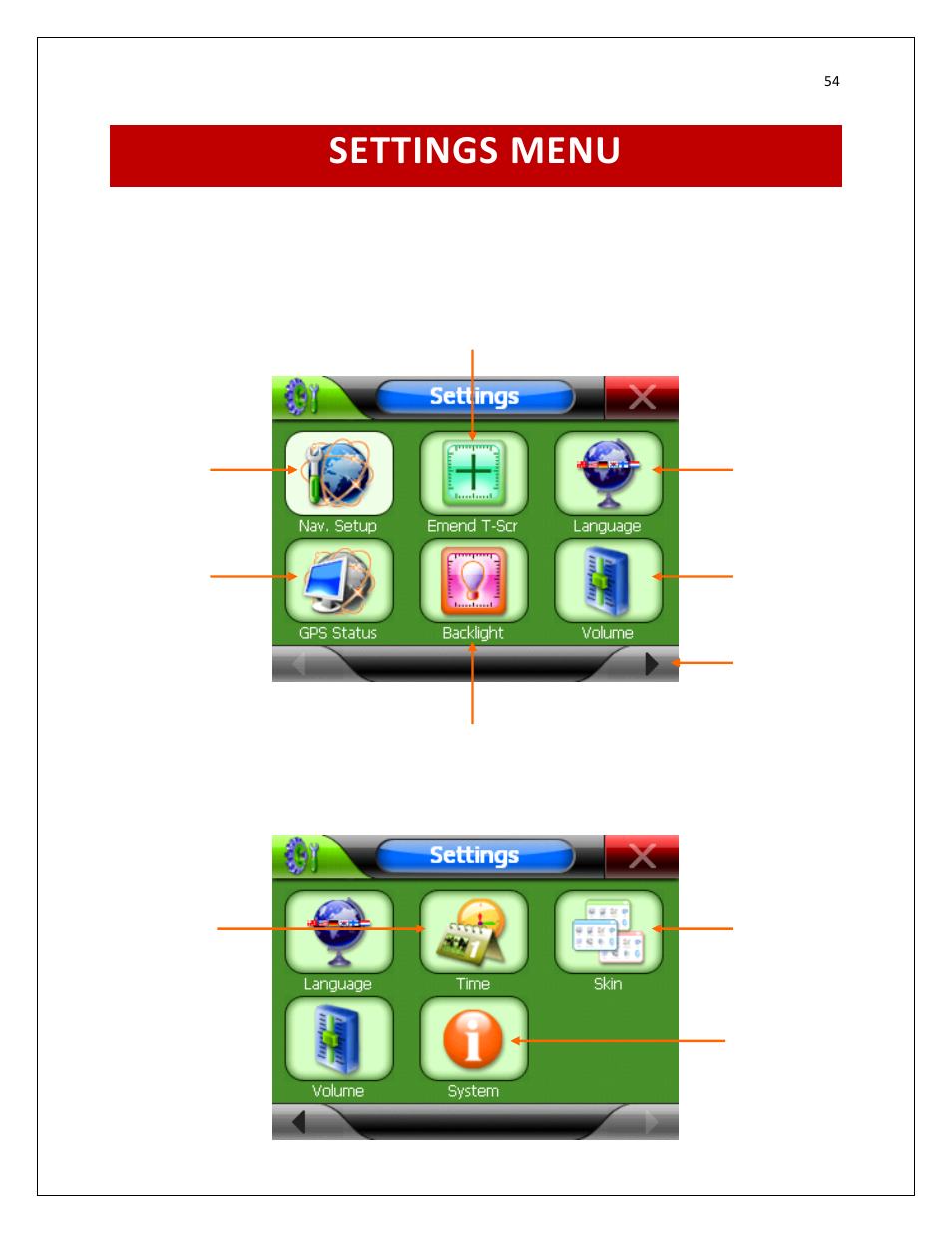 Settings menu | RightWay GPS Navigator RW 200 User Manual | Page 54 / 73