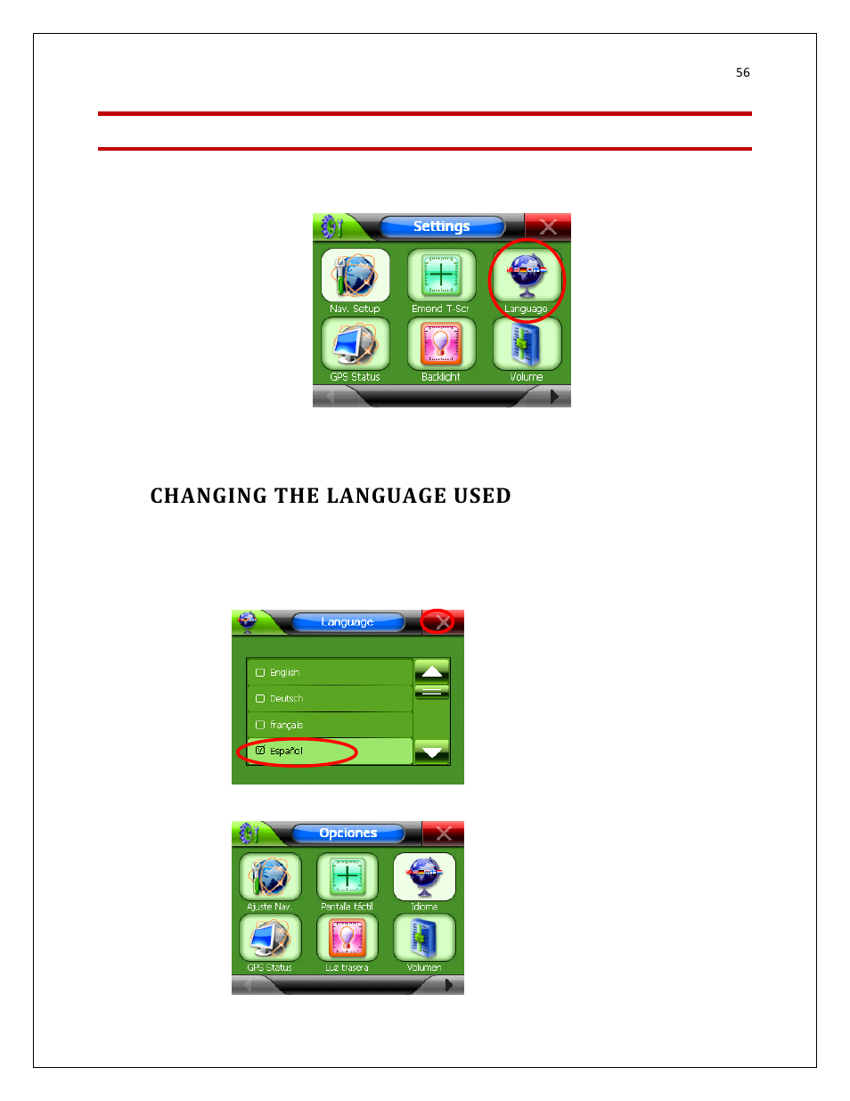 Language, Changing the language used | RightWay GPS Navigator RW 200 User Manual | Page 56 / 73