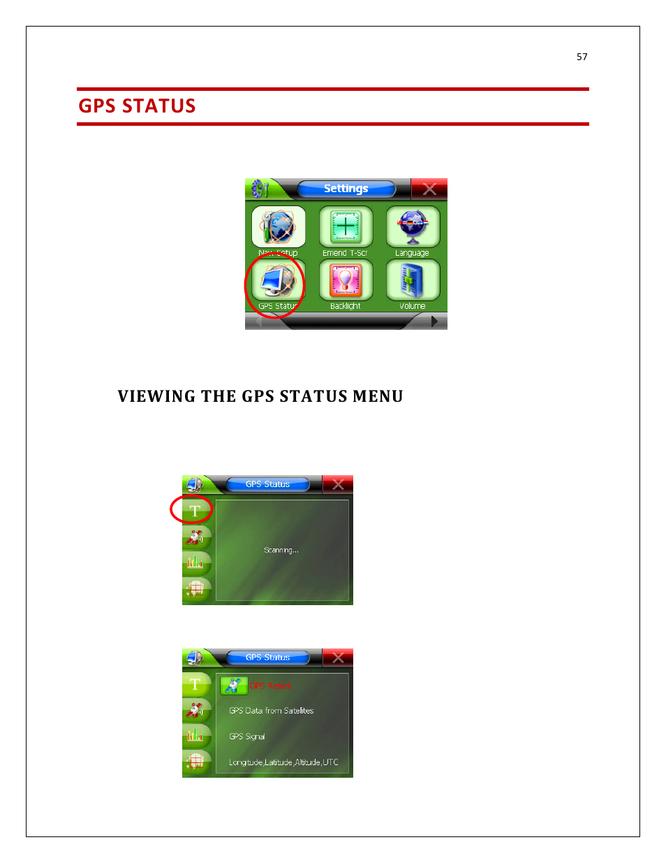 Gps status, Viewing the gps status menu | RightWay GPS Navigator RW 200 User Manual | Page 57 / 73