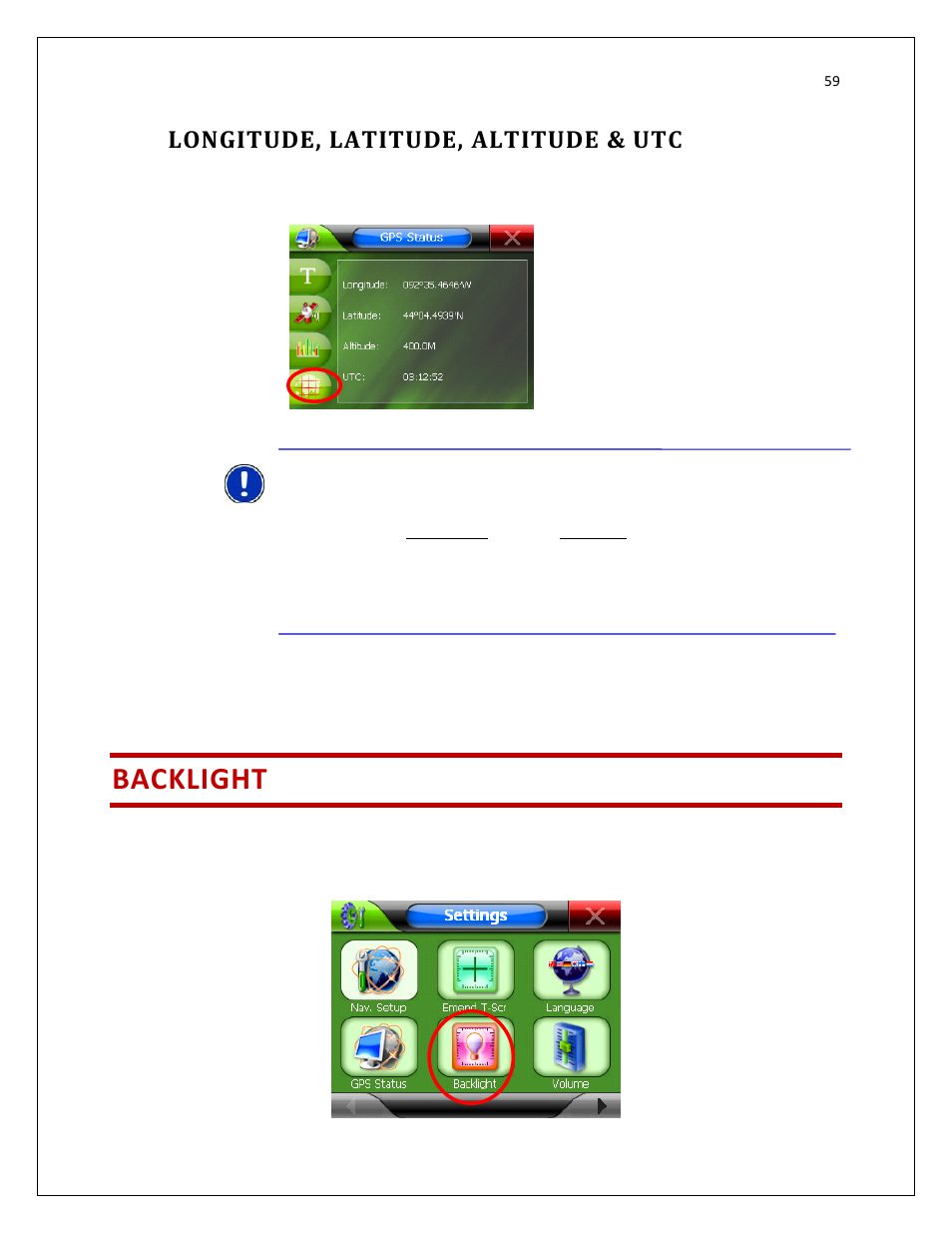 Longitude, latitude, altitude & utc, Backlight | RightWay GPS Navigator RW 200 User Manual | Page 59 / 73