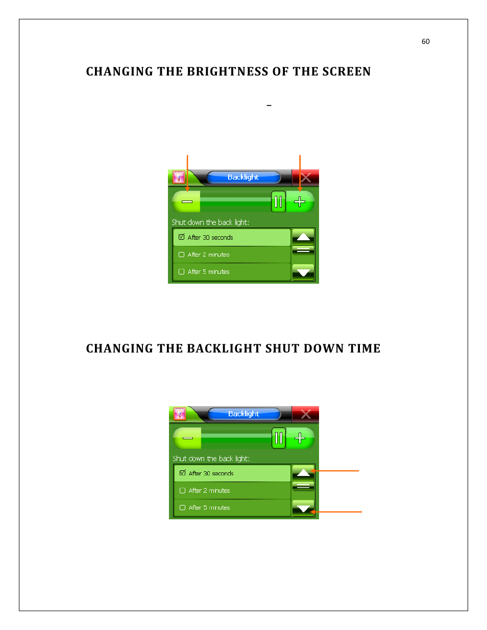 Changing the brightness of the screen, Changing the backlight shut down time | RightWay GPS Navigator RW 200 User Manual | Page 60 / 73