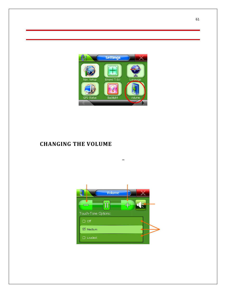 Volume, Changing the volume | RightWay GPS Navigator RW 200 User Manual | Page 61 / 73