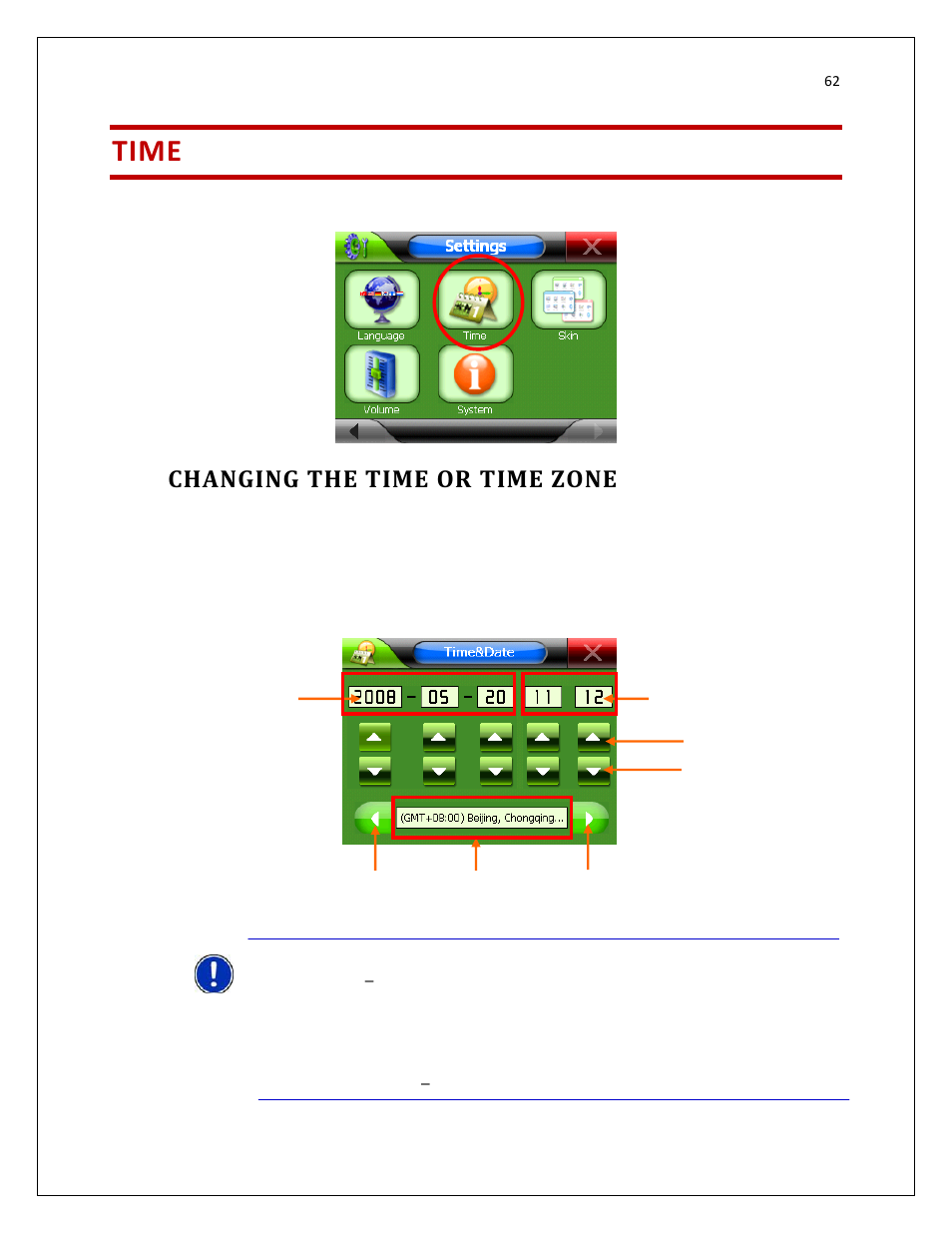 Time, Changing the time or time zone | RightWay GPS Navigator RW 200 User Manual | Page 62 / 73