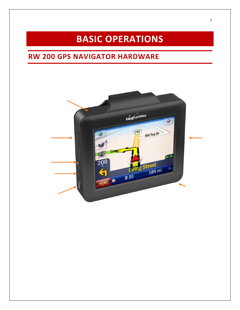 Basic operations, Rw 200 gps navigator hardware | RightWay GPS Navigator RW 200 User Manual | Page 7 / 73