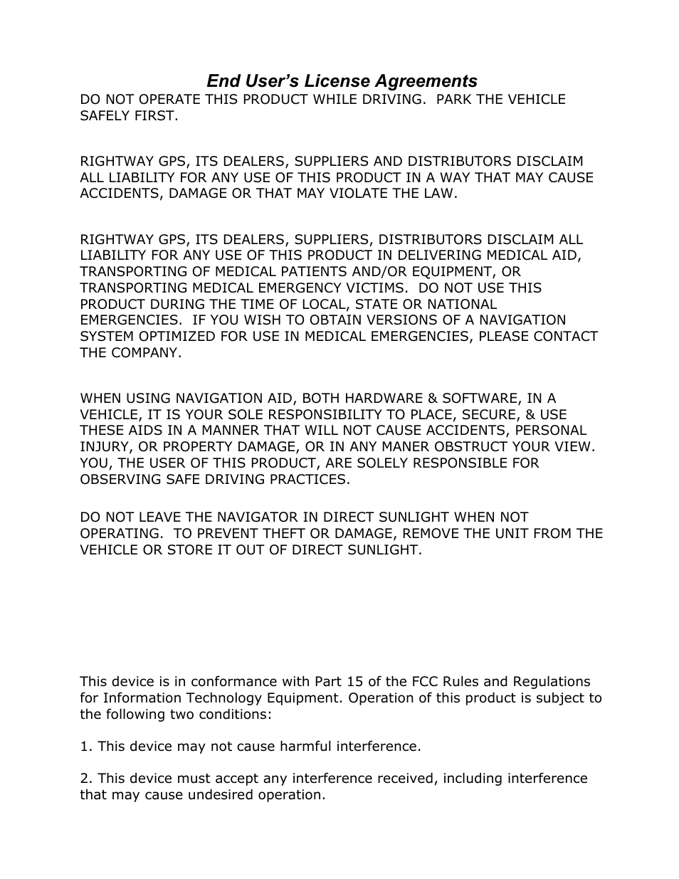 End user’s license agreements, Fcc part 15 compliance statement | RightWay GPS Navigator RW 355 User Manual | Page 118 / 120