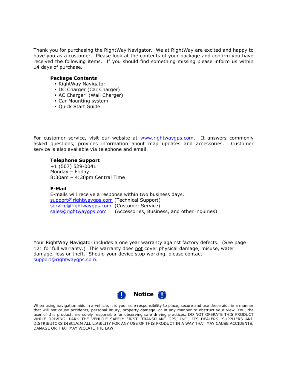Getting started, Customer service, Warranty | RightWay GPS Navigator RW 355 User Manual | Page 5 / 120