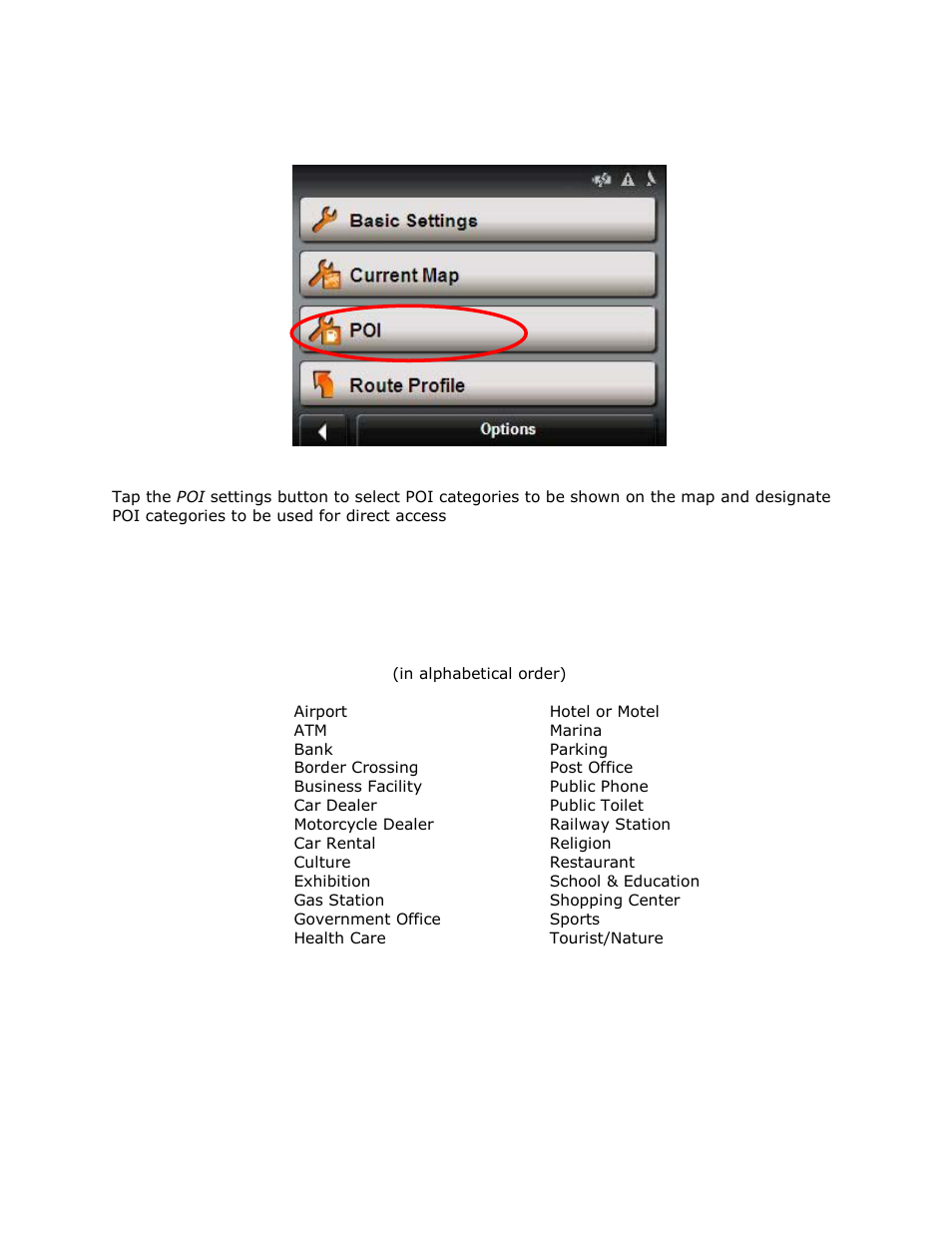 Poi settings, Poi categories | RightWay GPS Navigator RW 355 User Manual | Page 76 / 120