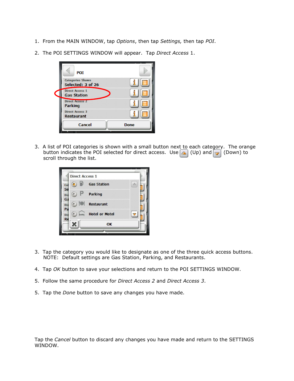 Selecting direct access pois, Cancel changes | RightWay GPS Navigator RW 355 User Manual | Page 78 / 120