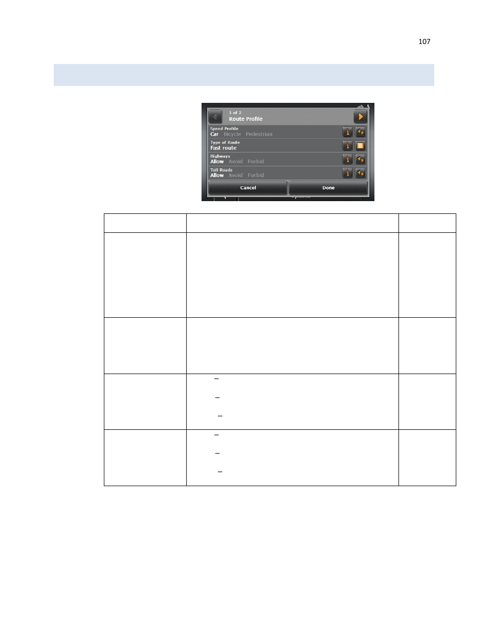 Route profile settings & their options | RightWay GPS Navigator RW 430 User Manual | Page 107 / 143