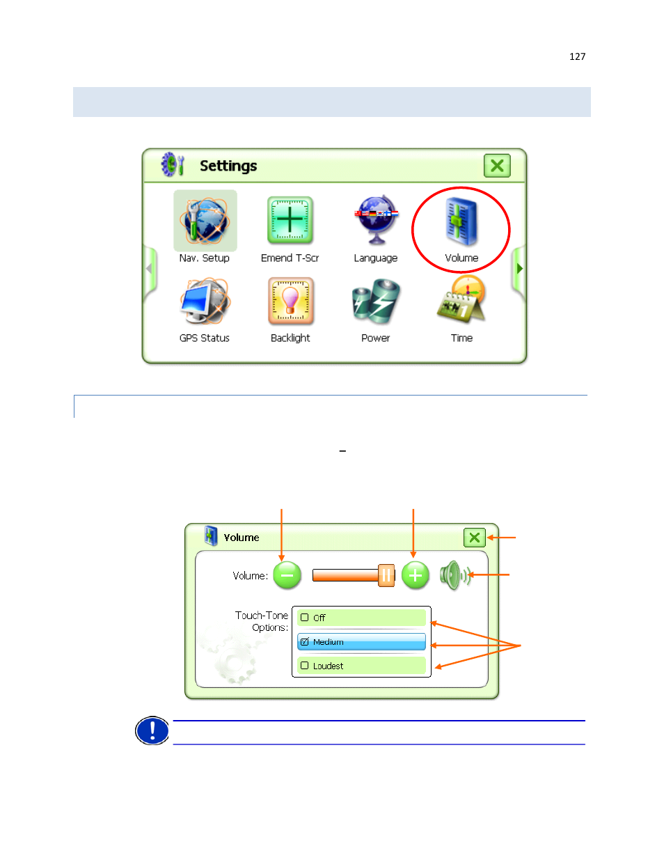 Volume, Changing the volume | RightWay GPS Navigator RW 430 User Manual | Page 127 / 143