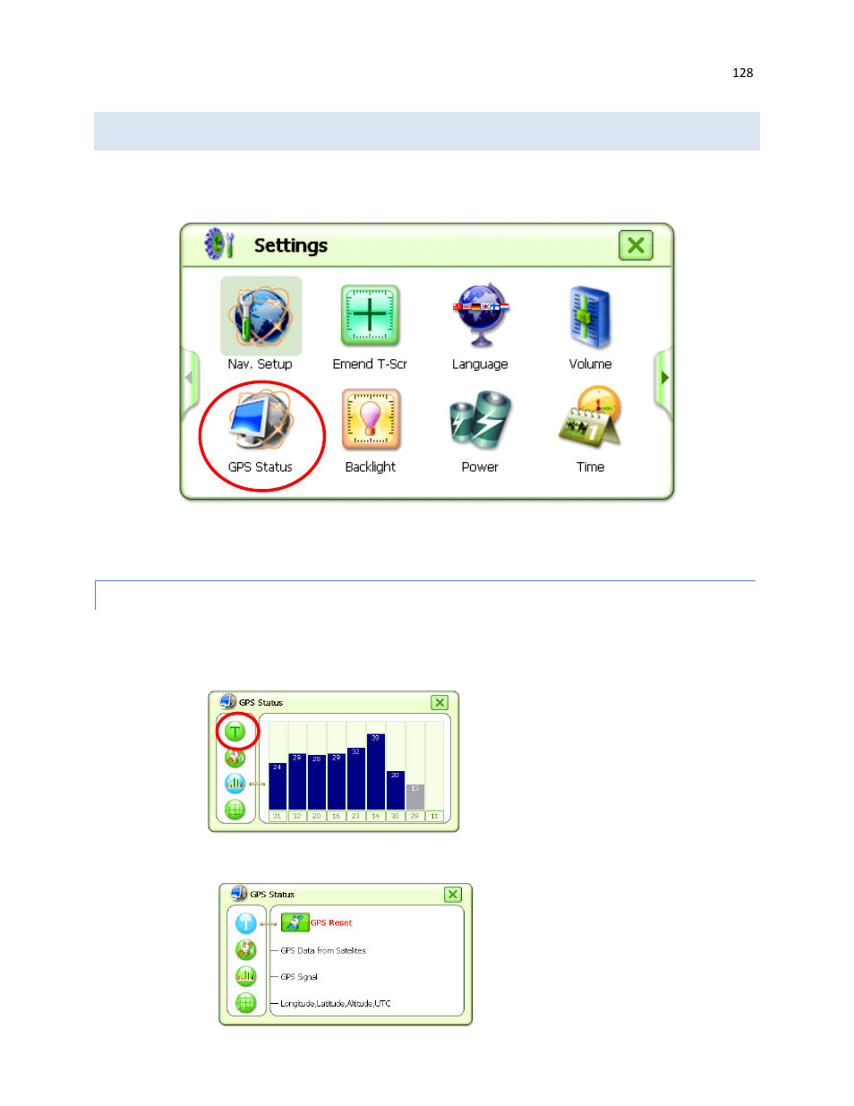 Gps status, Viewing the gps status menu | RightWay GPS Navigator RW 430 User Manual | Page 128 / 143