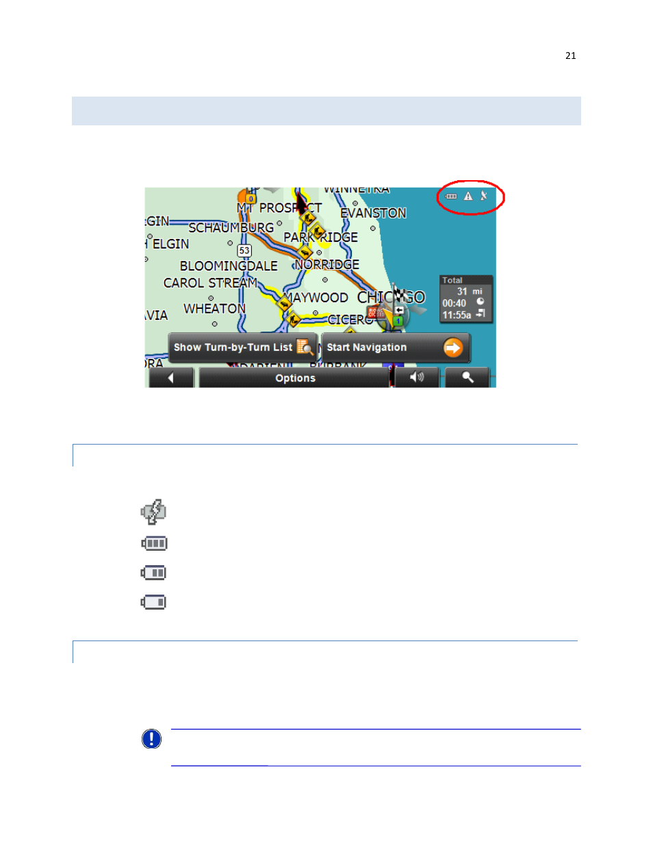 Status indicators, Power icon, Compass icon | RightWay GPS Navigator RW 430 User Manual | Page 21 / 143