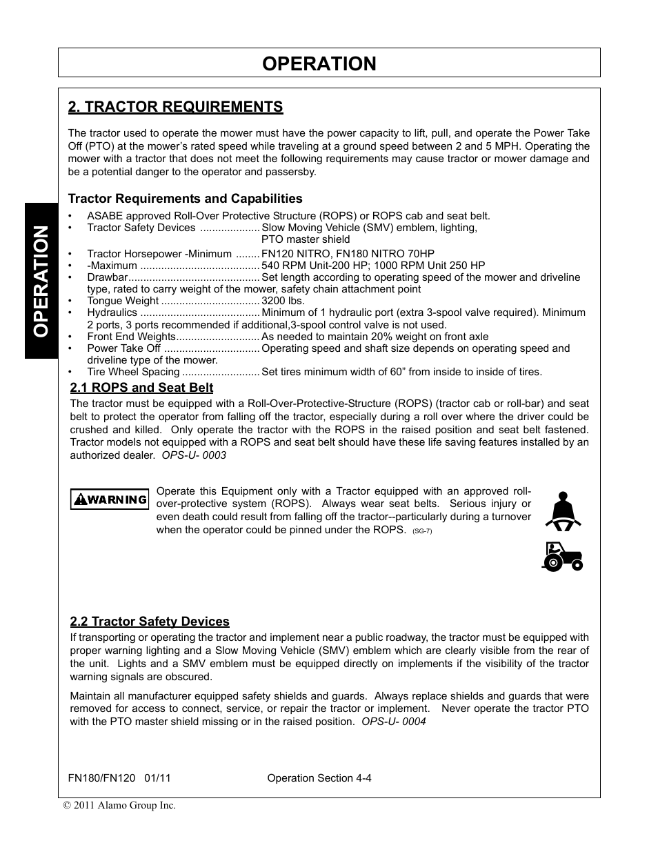 Tractor requirements, Tractor requirements and capabilities, 1 rops and seat belt | 2 tractor safety devices, Operation, Opera t ion | Rhino Mounts FN120 User Manual | Page 106 / 194