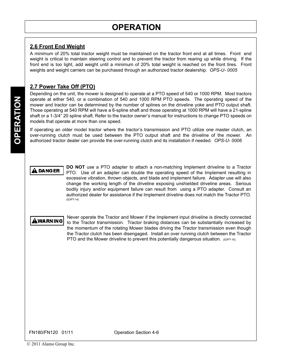 6 front end weight, 7 power take off (pto), Operation | Opera t ion | Rhino Mounts FN120 User Manual | Page 108 / 194