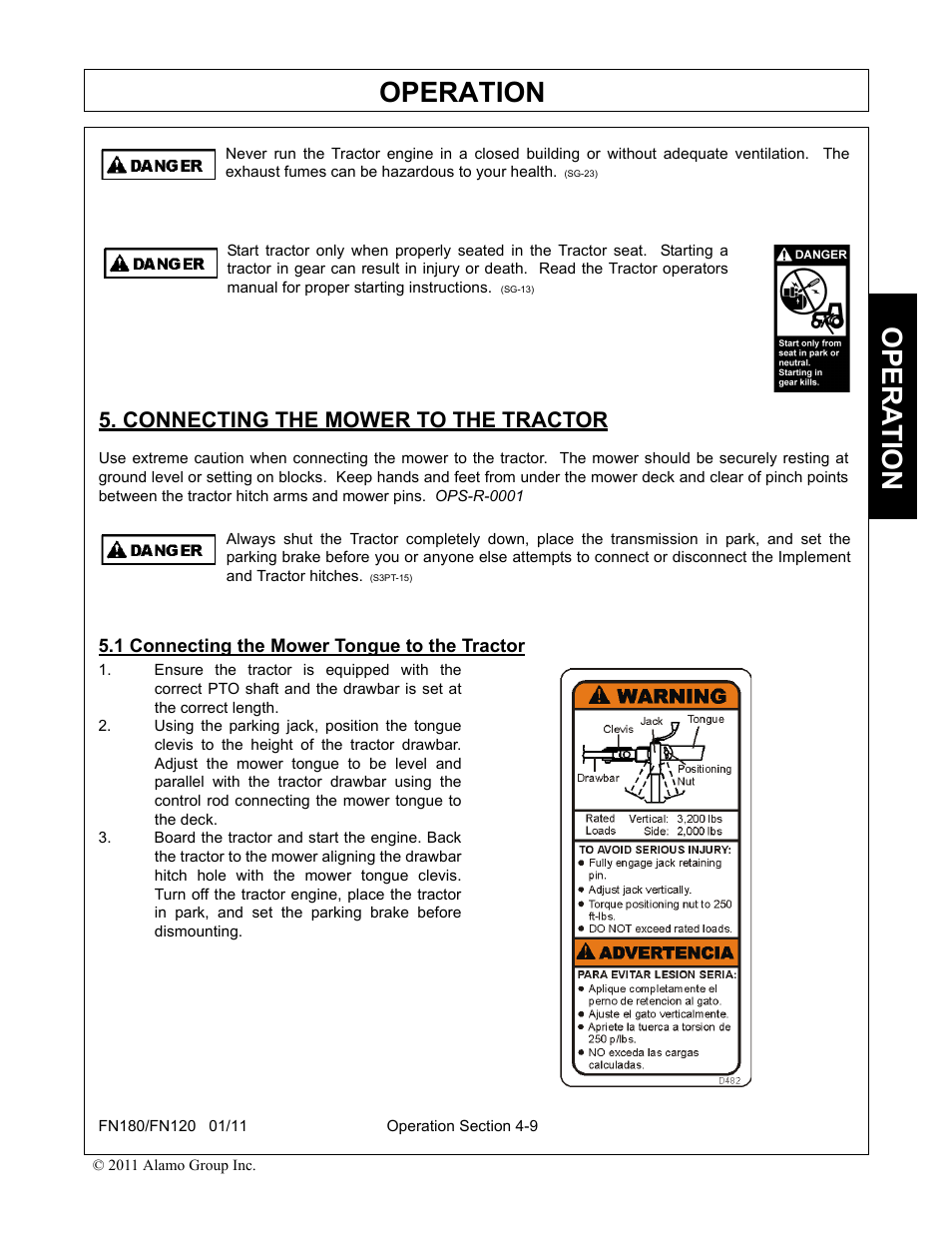 Connecting the mower to the tractor, 1 connecting the mower tongue to the tractor, Operation | Opera t ion | Rhino Mounts FN120 User Manual | Page 111 / 194