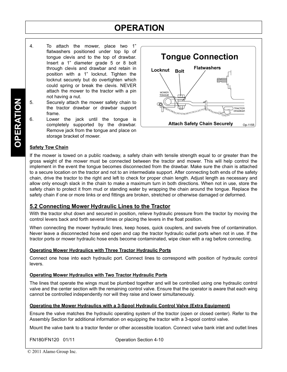 2 connecting mower hydraulic lines to the tractor, Operation, Opera t ion | Rhino Mounts FN120 User Manual | Page 112 / 194