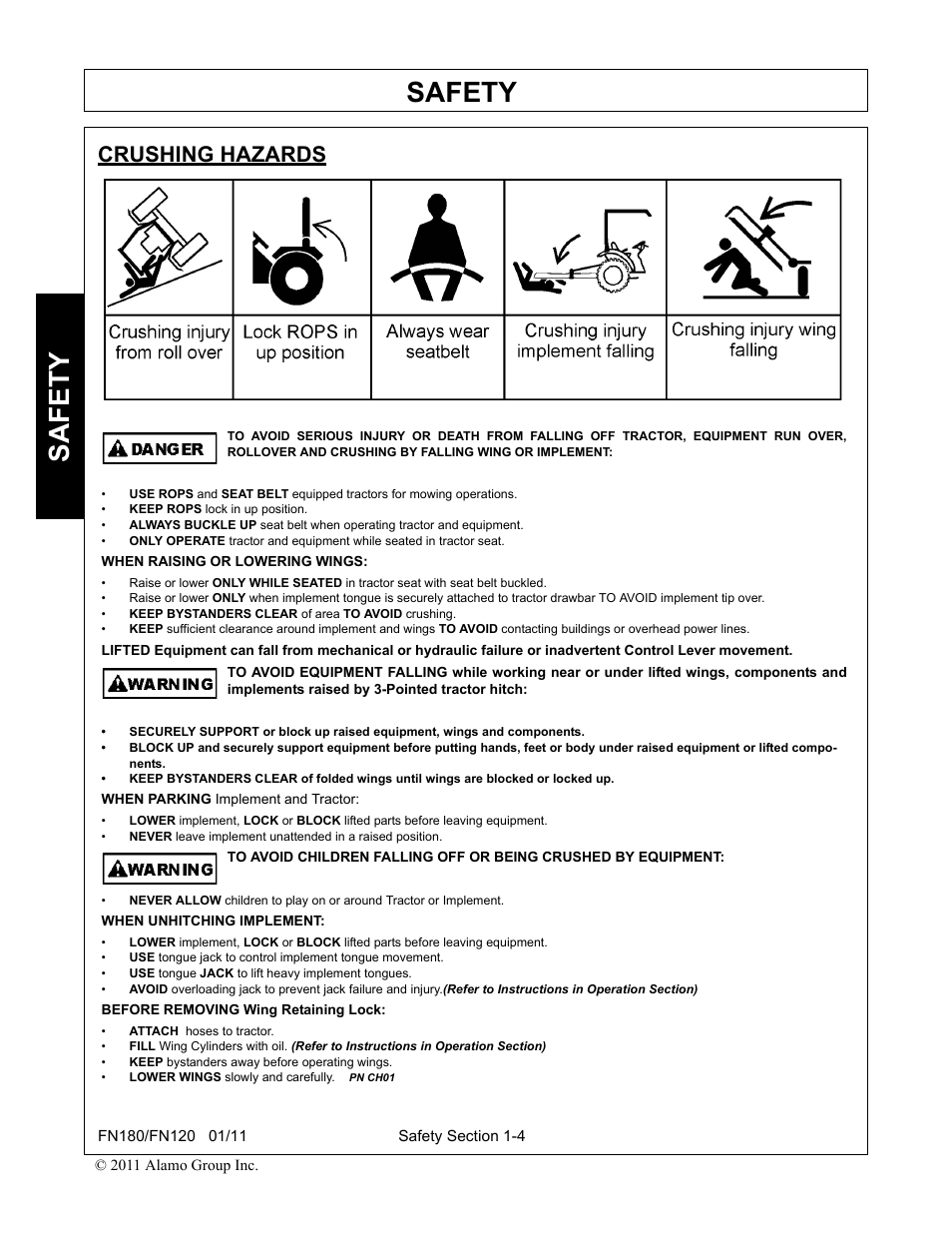 Crushing hazards, Safety | Rhino Mounts FN120 User Manual | Page 12 / 194