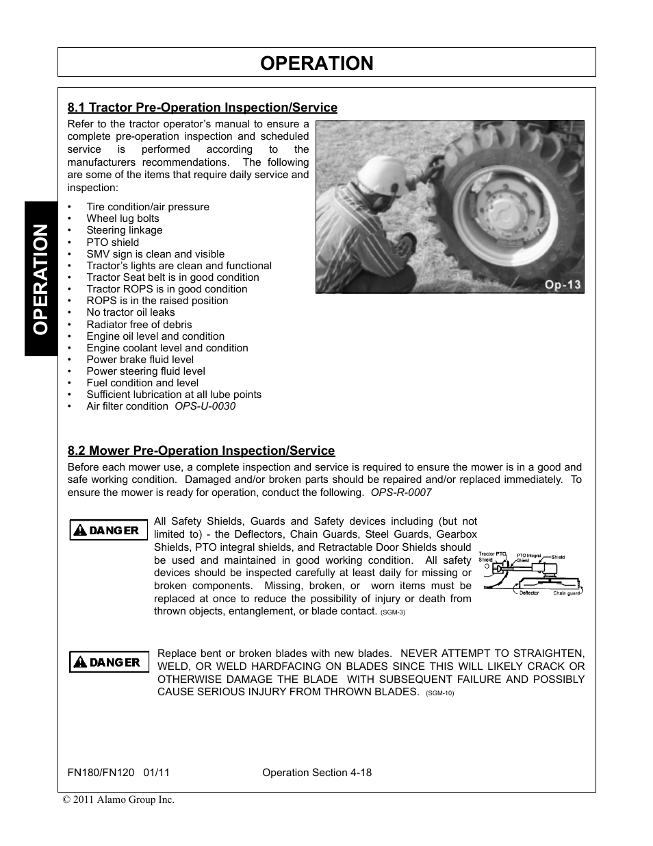 1 tractor pre-operation inspection/service, 2 mower pre-operation inspection/service, Operation | Opera t ion | Rhino Mounts FN120 User Manual | Page 120 / 194