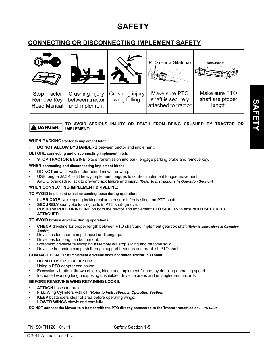 Connecting or disconnecting implement safety, Safety | Rhino Mounts FN120 User Manual | Page 13 / 194