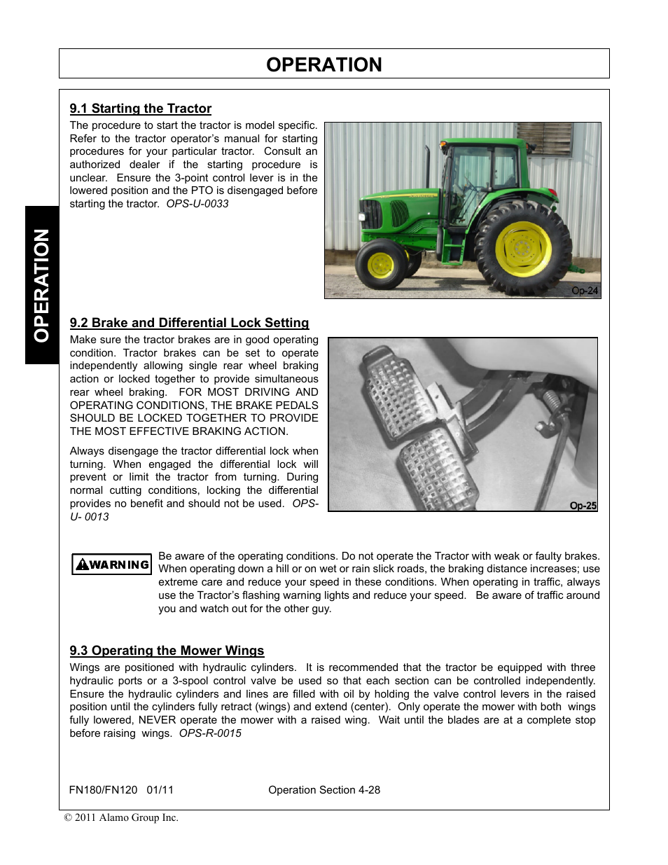 1 starting the tractor, 2 brake and differential lock setting, 3 operating the mower wings | Operation, Opera t ion | Rhino Mounts FN120 User Manual | Page 130 / 194