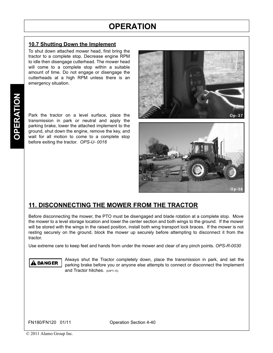 7 shutting down the implement, Disconnecting the mower from the tractor, Operation | Opera t ion | Rhino Mounts FN120 User Manual | Page 142 / 194