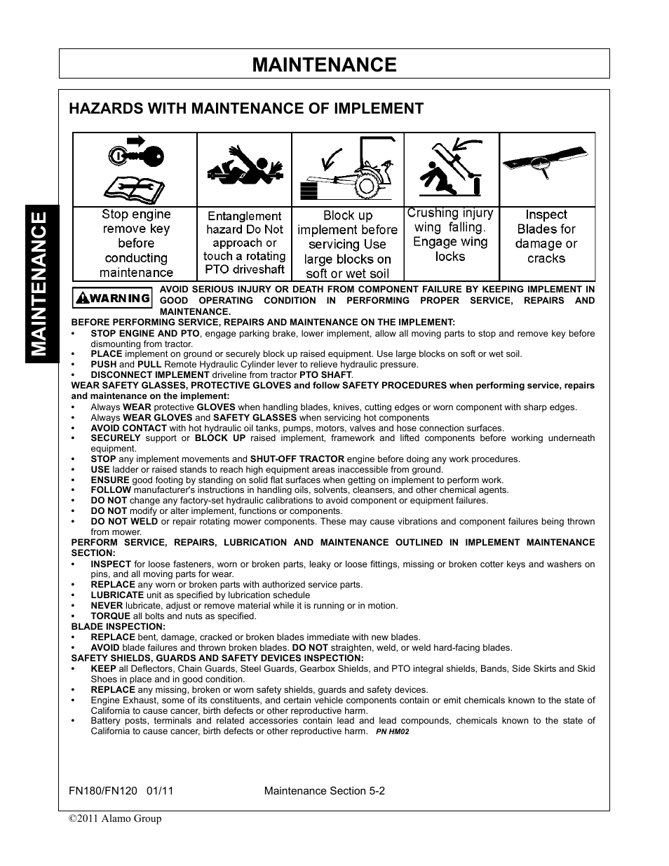 Hazards with maintenance of implement, Maintenance | Rhino Mounts FN120 User Manual | Page 154 / 194