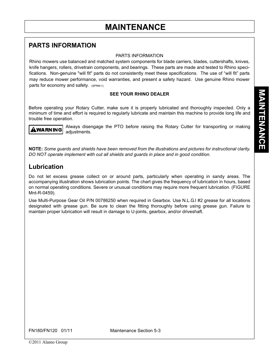 Parts information, Lubrication, Maintenance | Rhino Mounts FN120 User Manual | Page 155 / 194