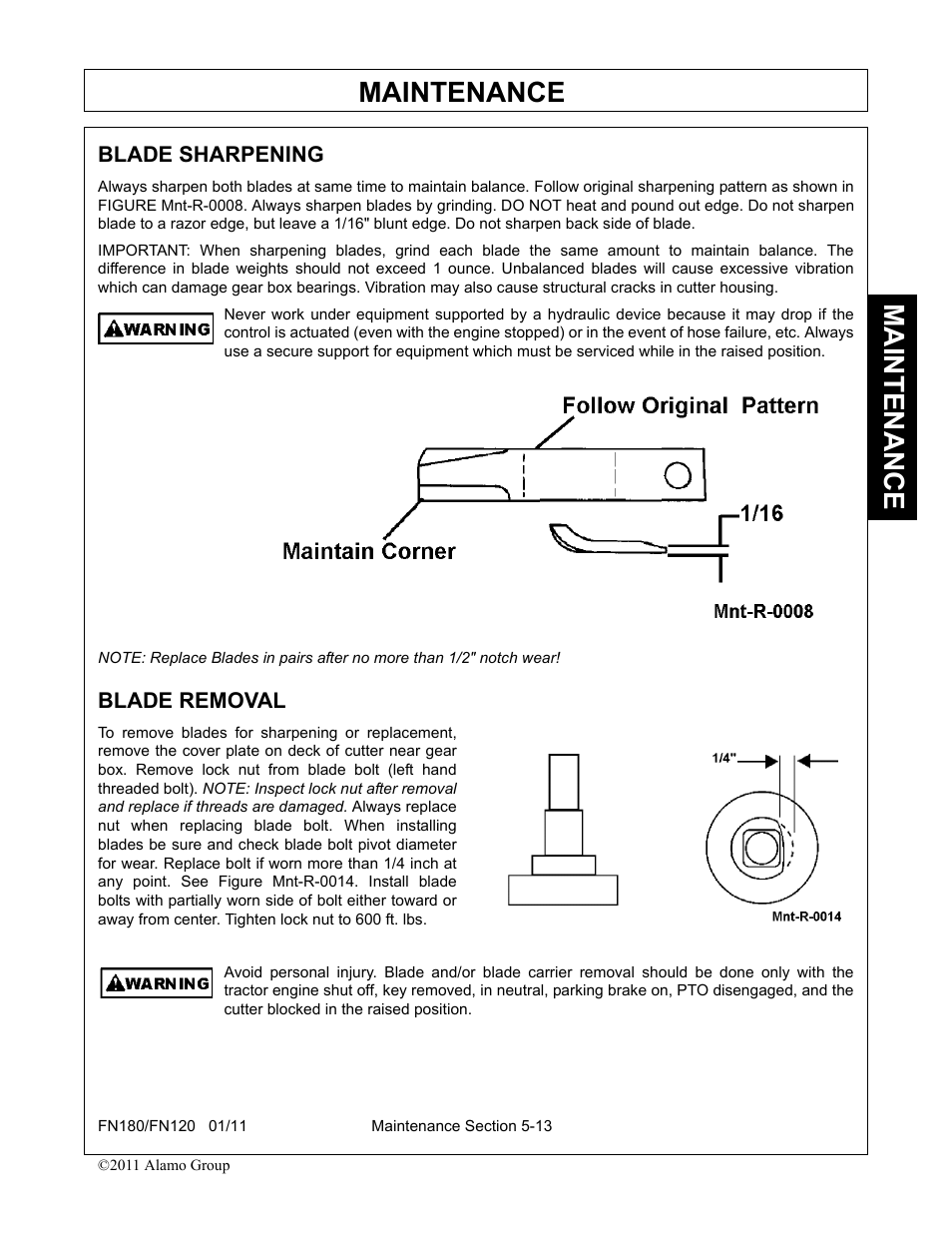 Blade sharpening, Blade removal, Maintenance | Rhino Mounts FN120 User Manual | Page 165 / 194